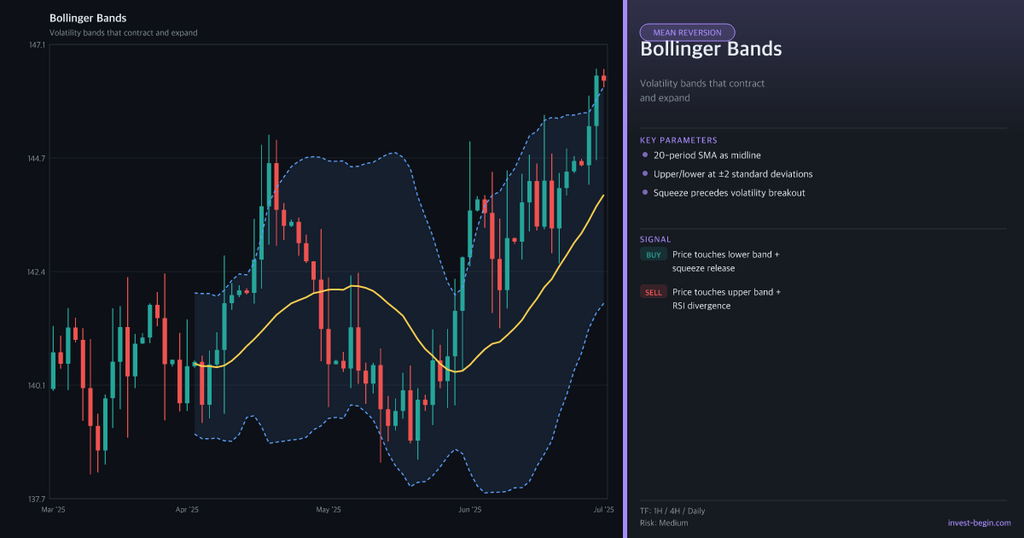 Technical chart with Bollinger Bands on a dark background