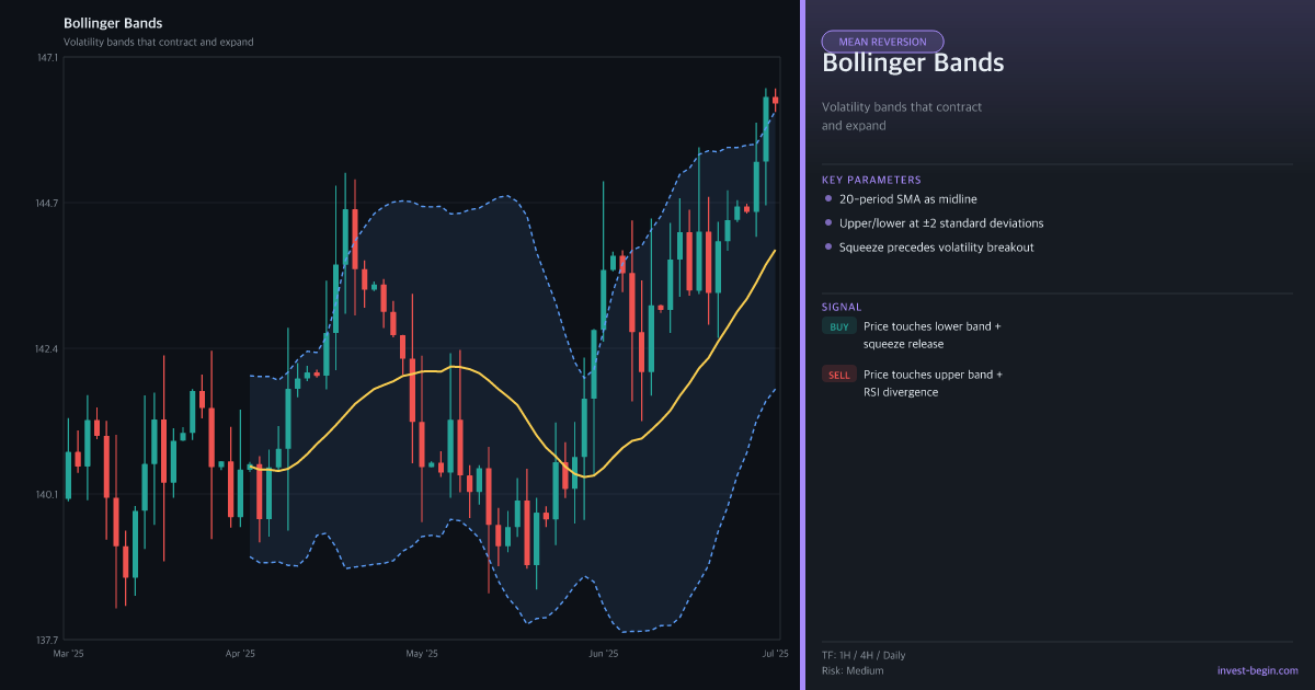 Technical chart with Bollinger Bands on a dark background