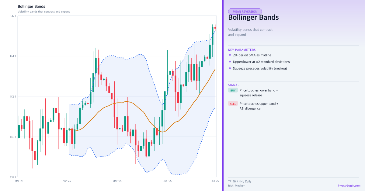 Bollinger Bands chart with technical indicators on a white background