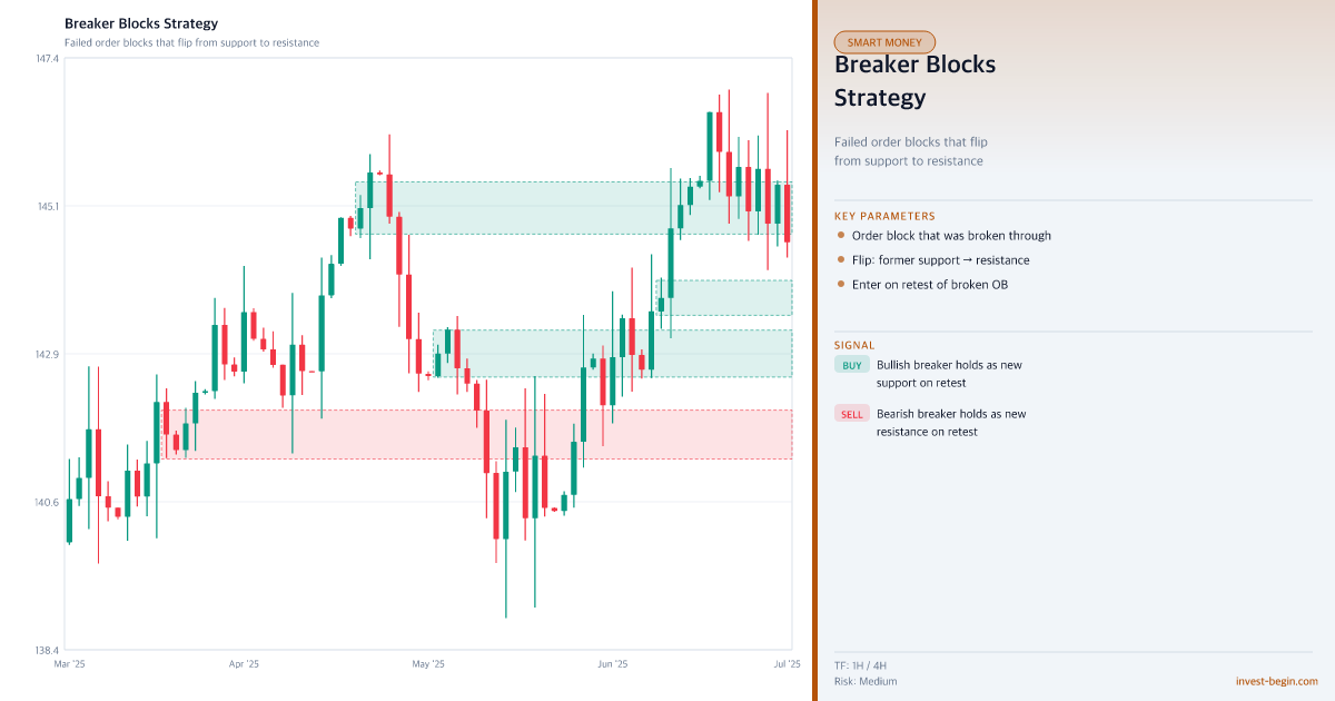 Trading chart with Breaker Blocks Strategy explanation on a white background