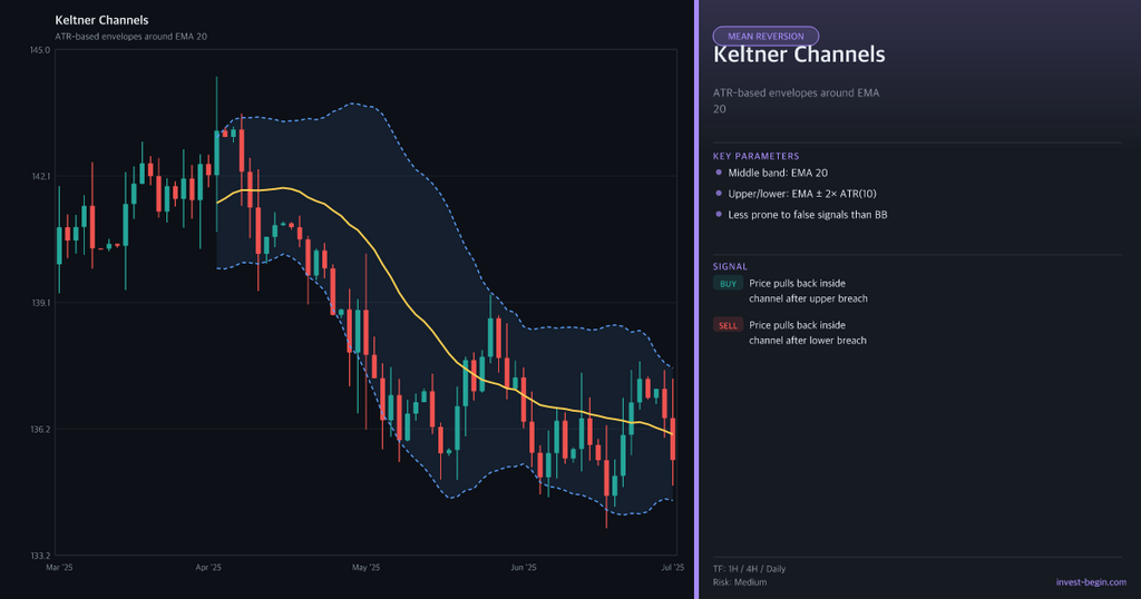 Keltner Channels indicator on a trading chart with technical analysis details.
