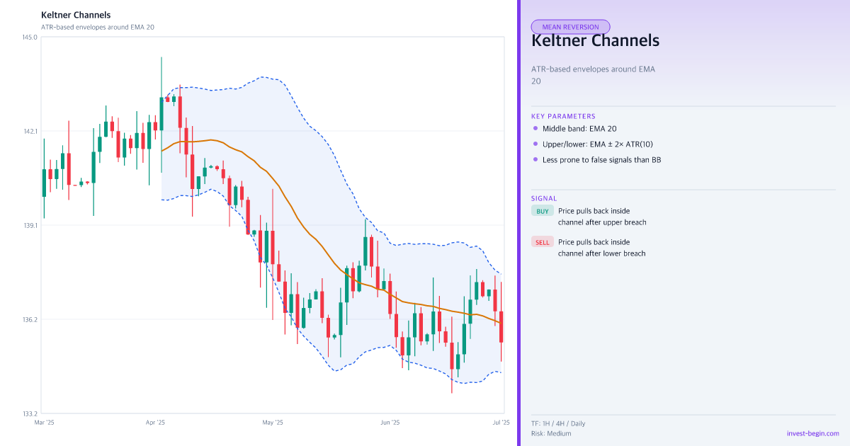 Candlestick chart with Keltner Channels on a white background