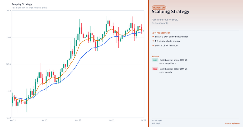 Chart of a scalping strategy with candlestick pattern and technical indicators on a white background.