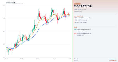 Chart of a scalping strategy with candlestick pattern and technical indicators on a white background.