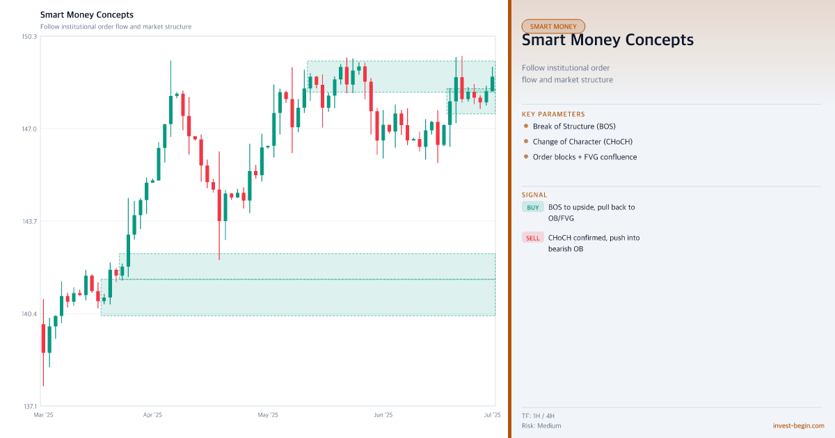 Smart Money Concepts on a chart with Parameters and Signals displayed